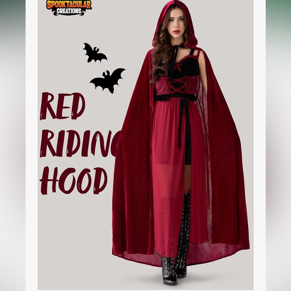 Little Red Riding Hood Costume Women, Dark Red Velvet Dress Hooded Cloak size S